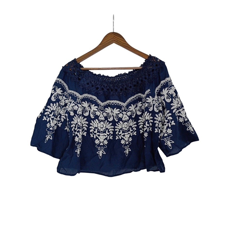 Flying Tomato Navy 100% Cotton Embroidered Crochet Off Shoulder Boho L - Picture 3 of 7
